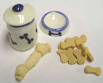 Dollhouse Miniature Dog Bowl, Canister, Toy & Treats